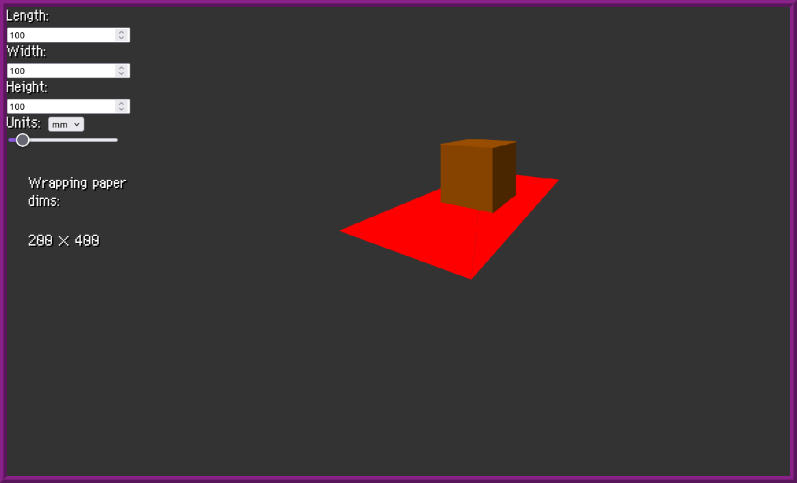 A screenshot of the present wrapping optimizer that I made. There is a menu for editing the dimensions of the box and a 3D rendering of a box on top of paper.